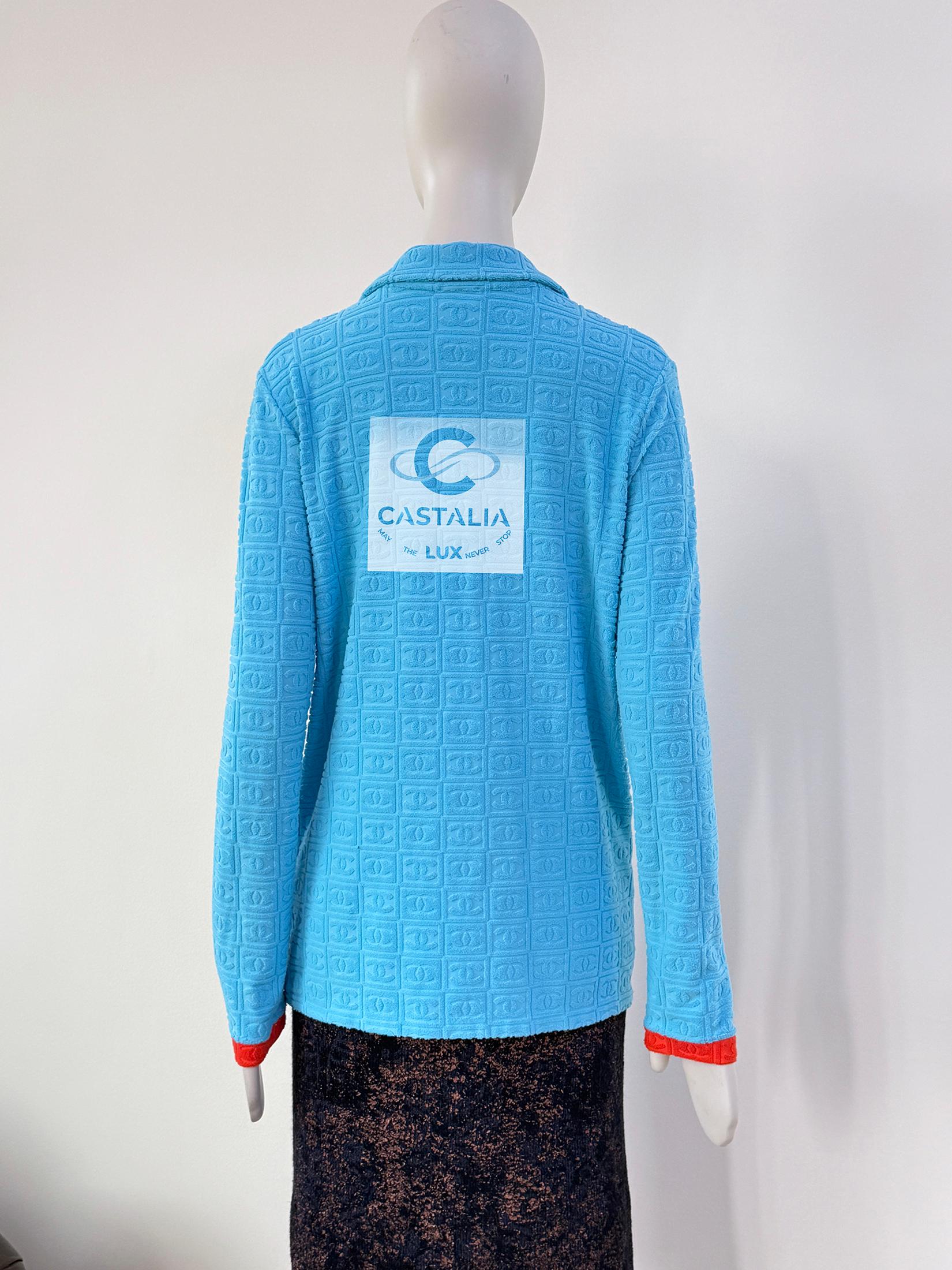 Chanel Super Seltene Vintage CC Logo Türkis-Jacke 40 FR mit Logo im Angebot 8