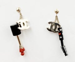 Chanel Super Rare Vintage Gold Plated CC Nail Brush Mascara Piercing Earrings