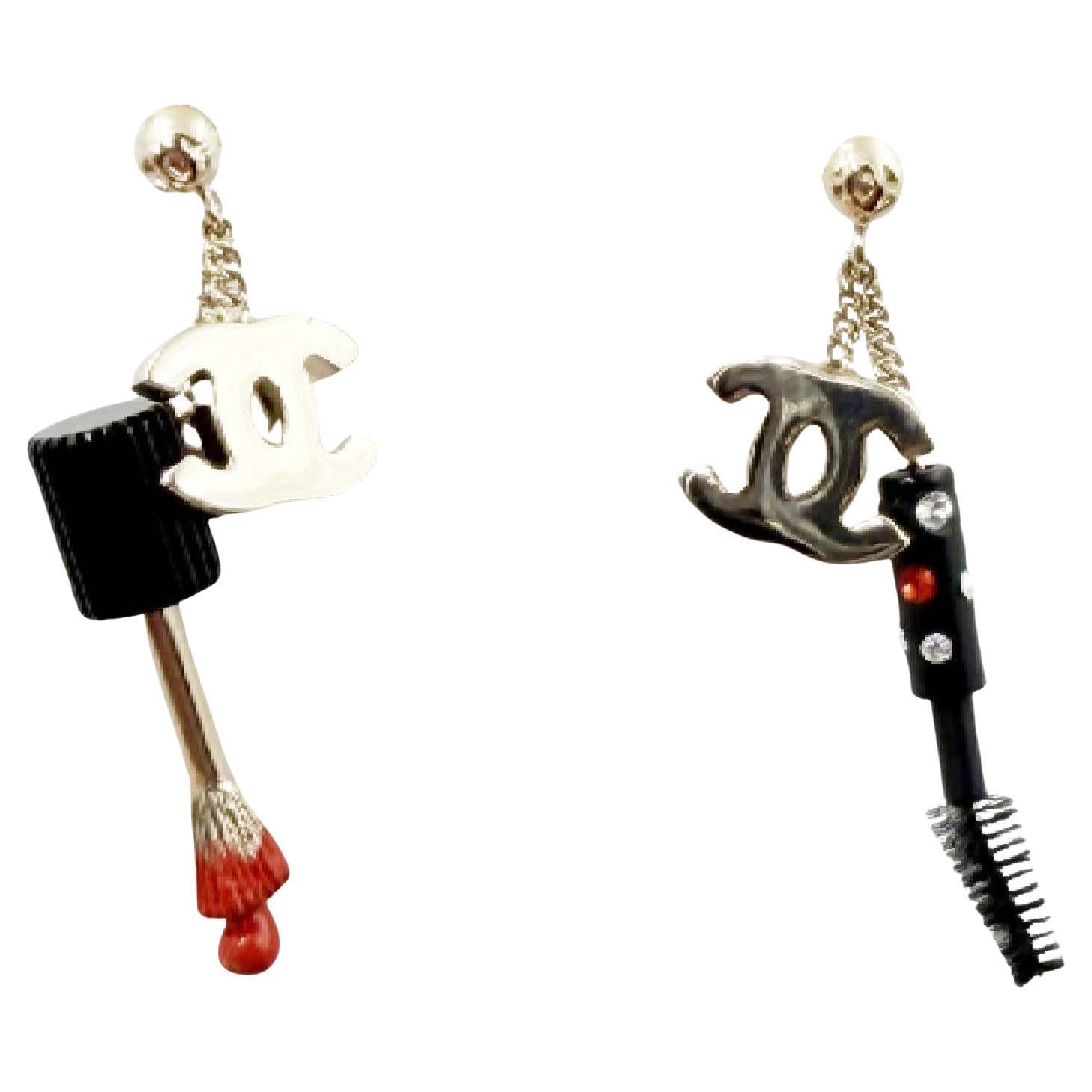 Chanel Super Rare Vintage Gold Plated CC Nail Brush Mascara Piercing Earrings For Sale