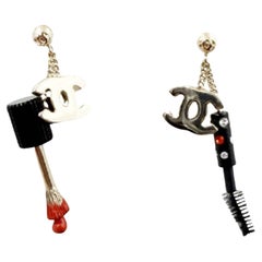 Chanel Super Rare Vintage Gold Plated CC Nail Brush Mascara Piercing Earrings