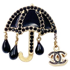 Chanel Super Rare Vintage Gold Plated CC Umbrella Black Crystal Pin