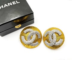 Chanel Super Rare Vintage Gold Plated Round Silver CC Crystal XXL Earrings
