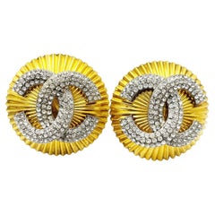 Chanel Super Rare Vintage Gold Plated Round Silver CC Crystal XXL Earrings