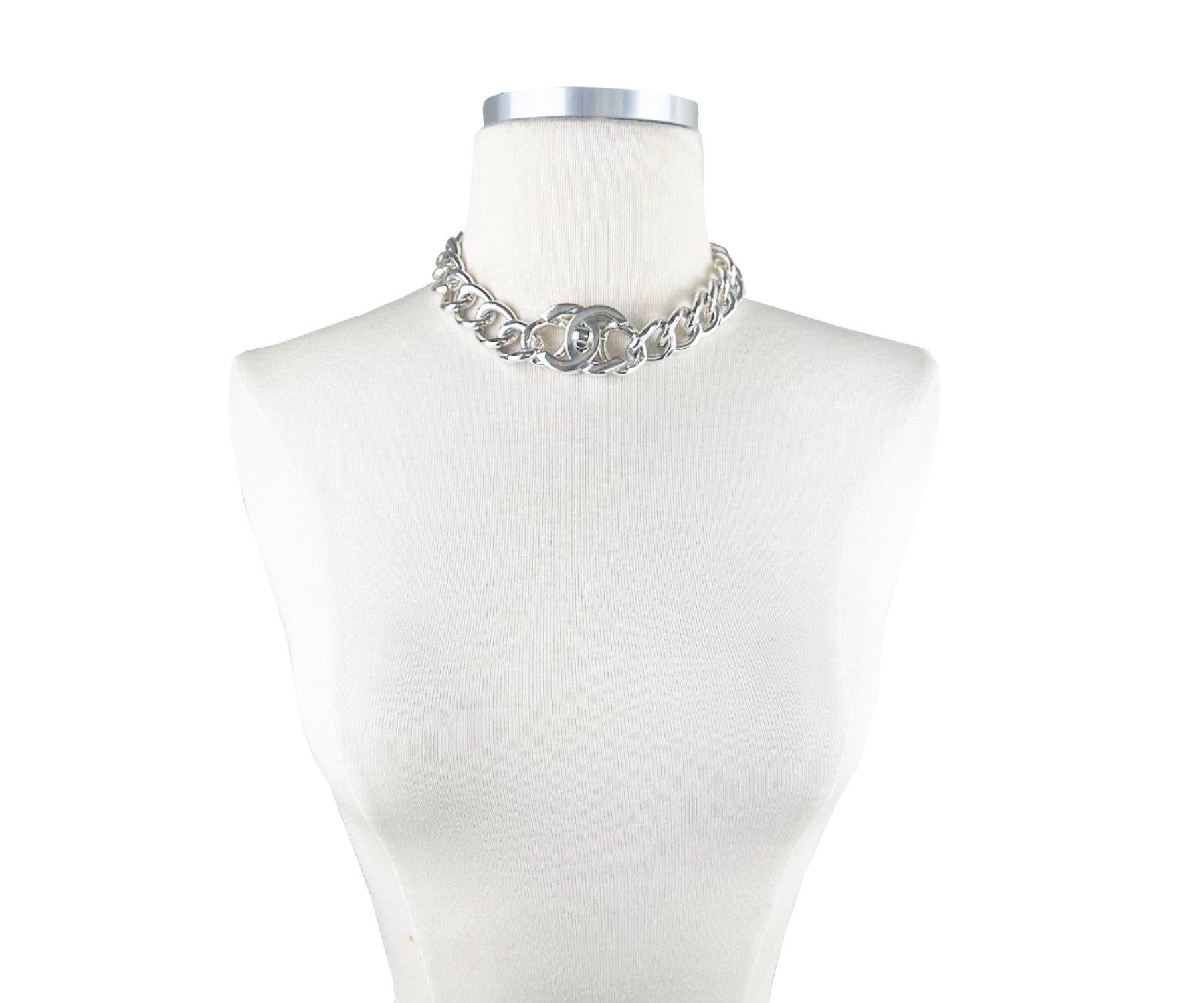 Chanel Super Rare Vintage Silver CC Turnlock Large Chain Choker Necklace In Excellent Condition In Pasadena, CA