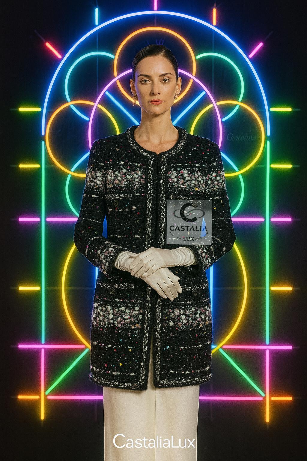 CHANEL - Collection SATES - Manteau en tweed Confetti
u2028~ Vu sur Cara Delevingne dans la campagne mondiale de Karl Lagerfeld 

Valeur de la boutique : Un objet de collection, convoité ; valeur initiale supérieure à 13 000$. 

u2028Esthétique :