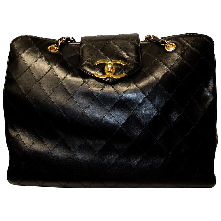 Vintage Chanel Supermodel Weekender Tote Bag Black Patent Gold Hardware