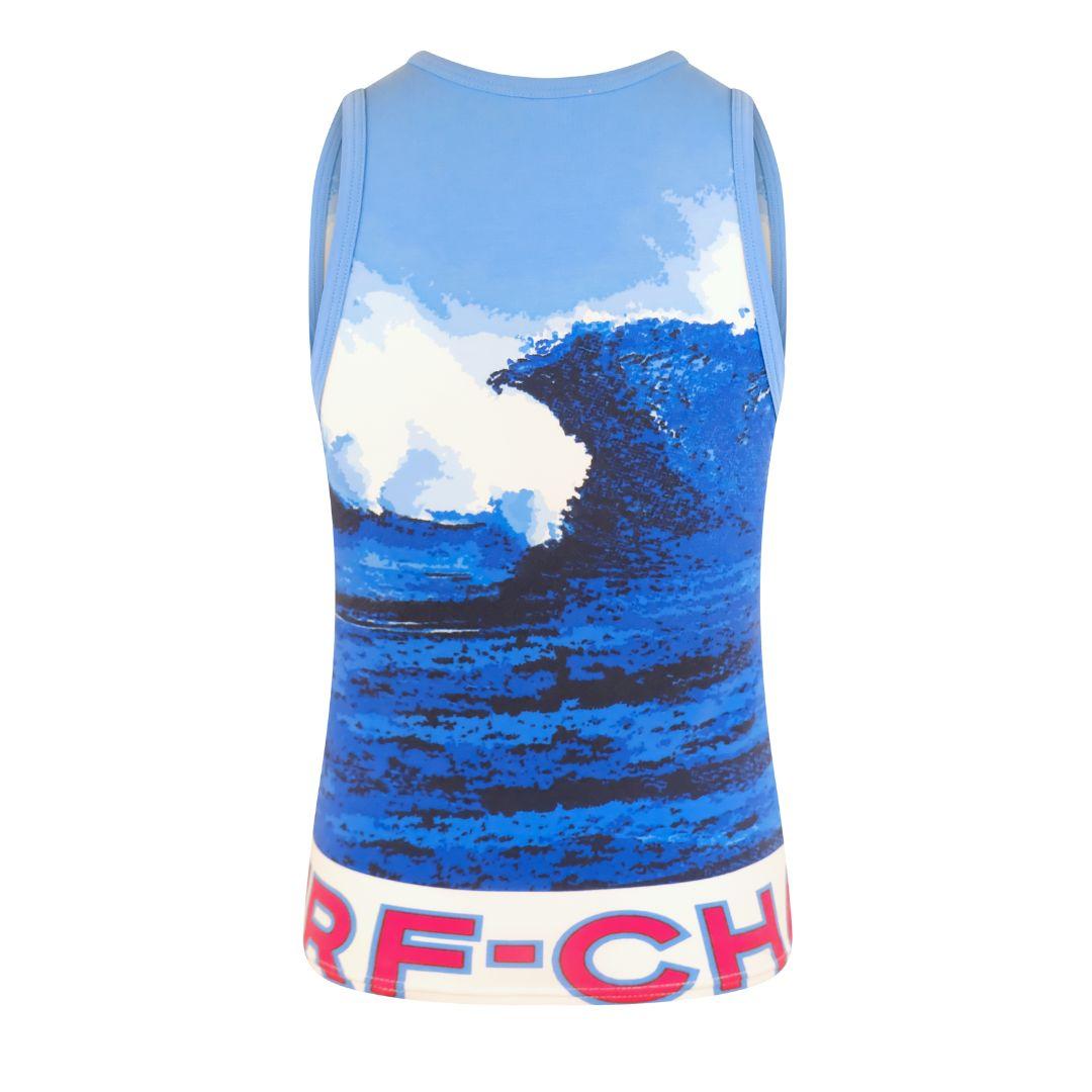 Chanel Surf Line top from the Spring/Summer 2002 capsule collection.

Soft, stretch jersey material with a slim fit. Chanel CC logo surf print in bright red, white, and blue.

The Surf Line collection was recently revived by popular