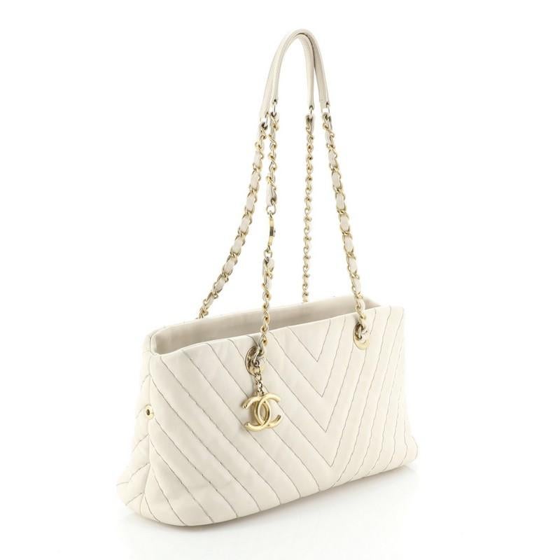 Beige Chanel Surpique CC Charm Tote Chevron Iridescent Calfskin Small