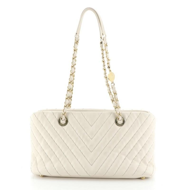 Chanel Surpique CC Charm Tote Chevron Iridescent Calfskin Small In Good Condition In NY, NY