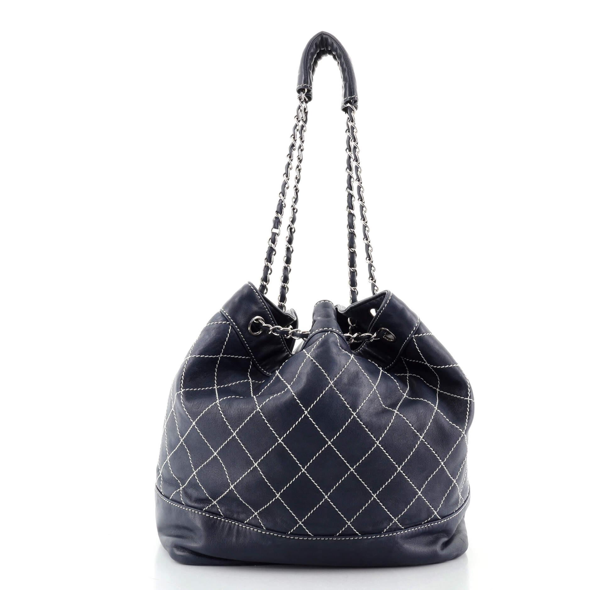 Black Chanel Surpique Drawstring Bucket Bag Quilted Lambskin Medium