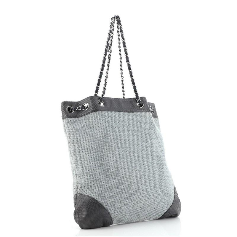 Gray Chanel Surpique Drawstring Tote Straw with Snakeskin Large