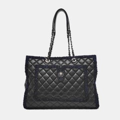 Chanel Surpique Tote Black Quilted Leather with Tweed Edges Silver Hardware