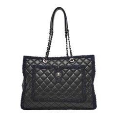 Chanel Surpique Tote Black Quilted Leather with Tweed Edges Silver Hardware