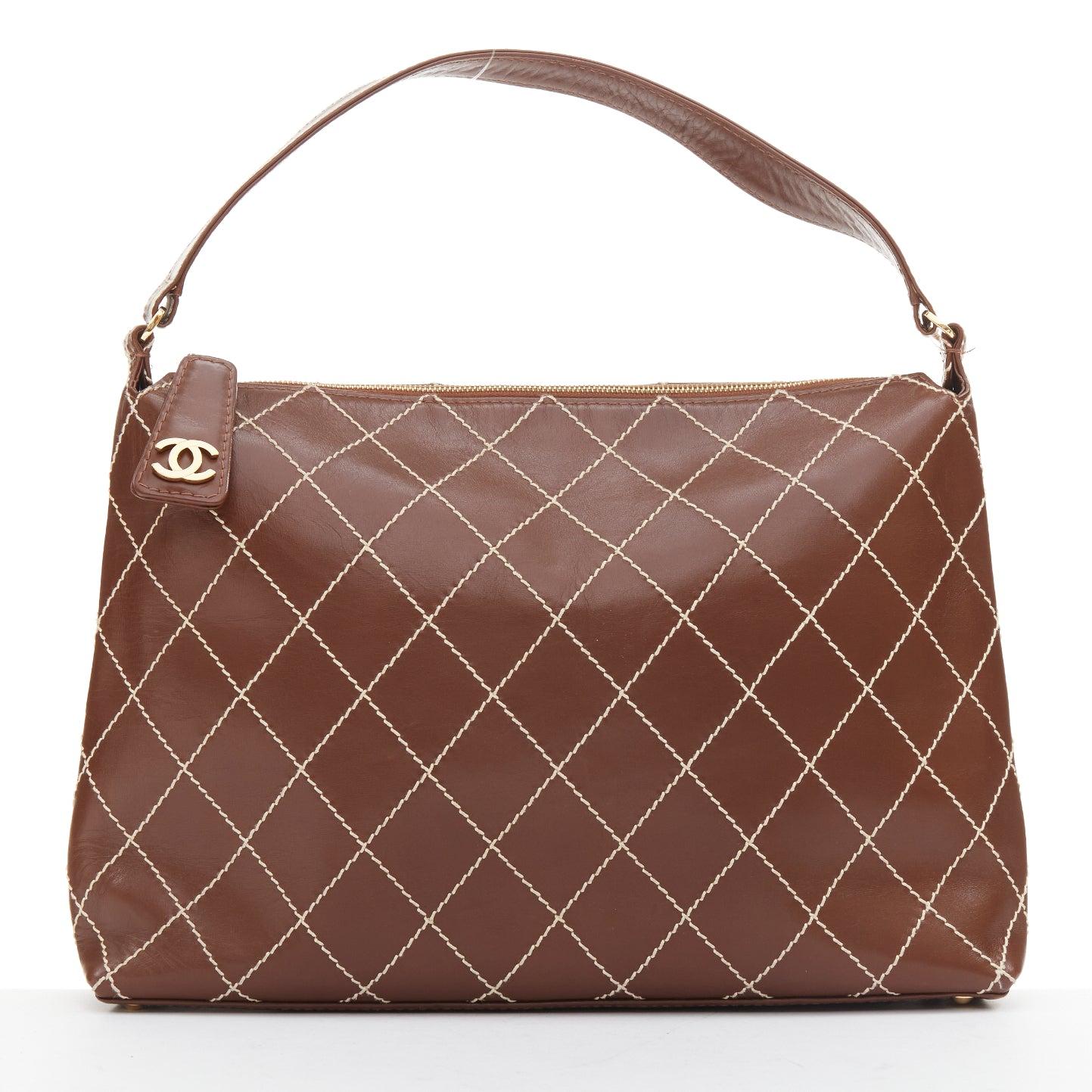 CHANEL Surpique Wild Stitch brown leather gold CC logo shoulder hobo bag