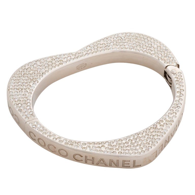 Chanel Swarovski Crystal Heart Bangle Bracelet For Sale at 1stDibs | chanel  bangle silver, swarovski crystal cuff bracelet, heart shape bangle