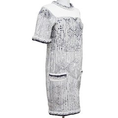 CHANEL Sweater Dress White Knit Metallic Short Sleeve Silver Blue 14S 2014 Sz 40