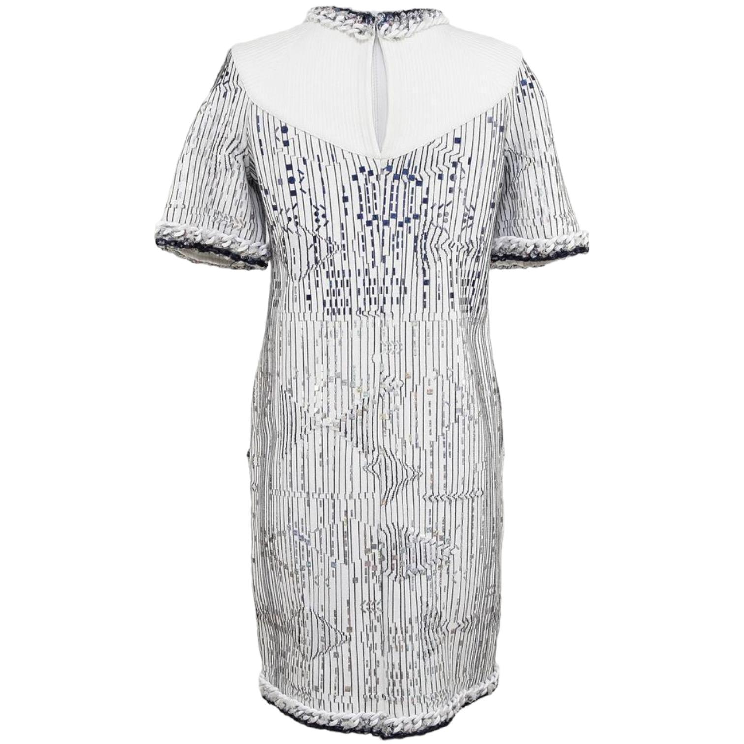 CHANEL Sweater Dress White Knit Metallic Short Sleeve Silver Blue 14S 2014 Sz 40 For Sale 1