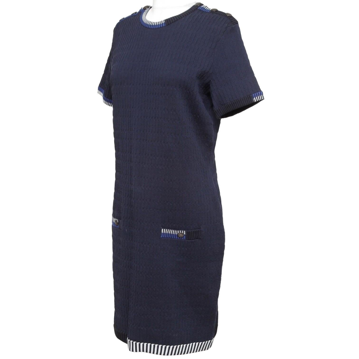 Black CHANEL Sweater Knit Dress Navy Blue White Short Sleeve Sz 42