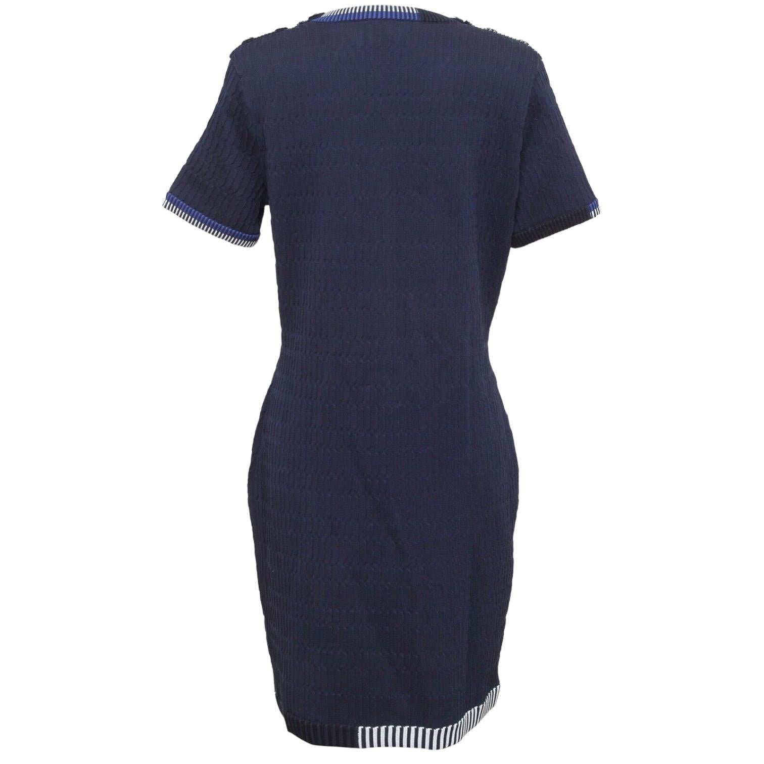 Women's CHANEL Sweater Knit Dress Navy Blue White Short Sleeve Sz 42