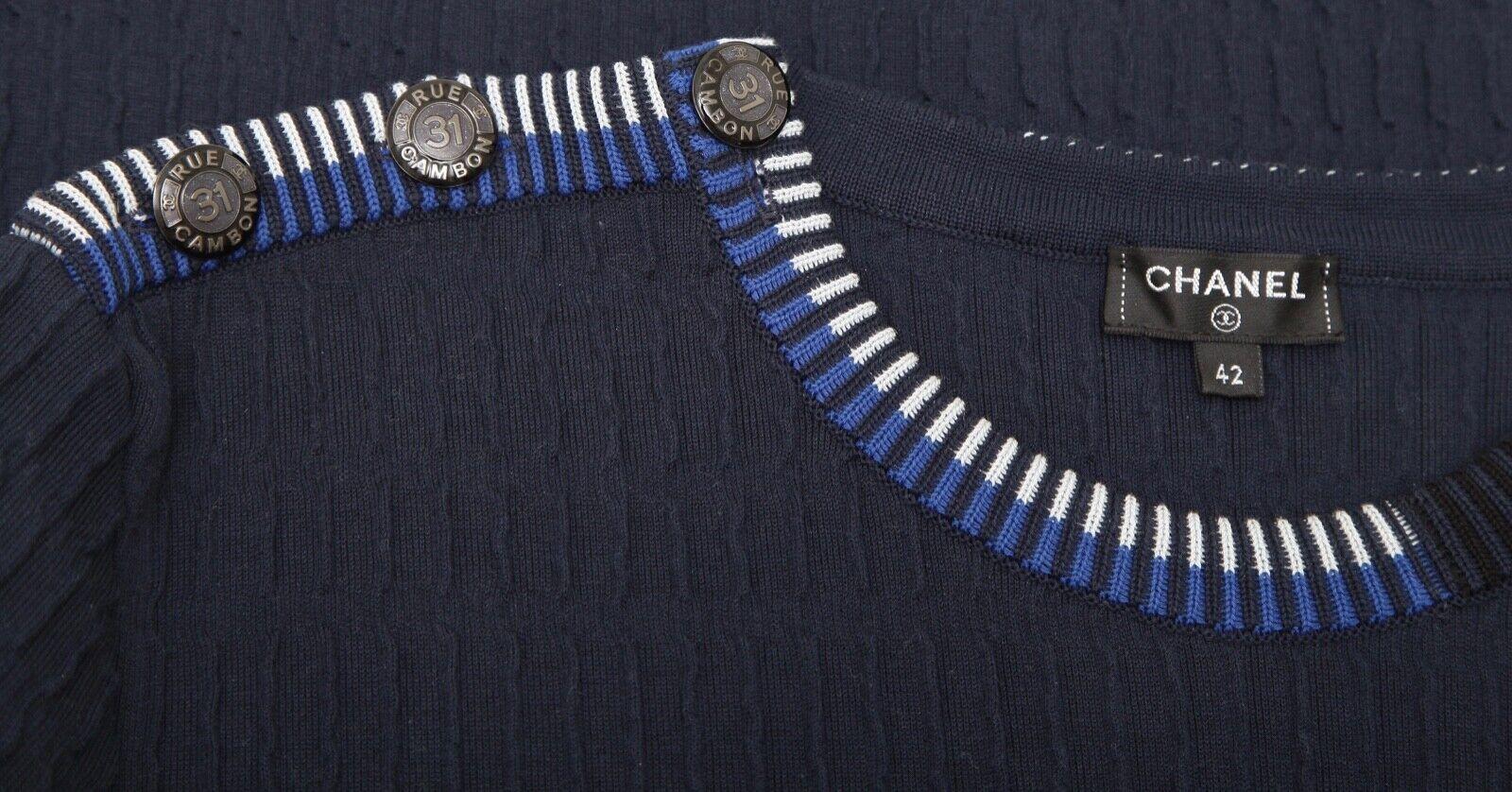 CHANEL Sweater Knit Dress Navy Blue White Short Sleeve Sz 42 1