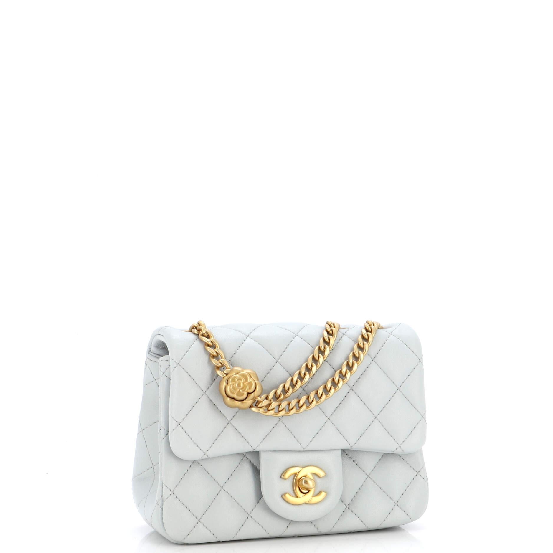 Chanel Sweet Camellia Adjustable Chain Square Flap Bag Quilted Lambskin M In Good Condition In NY, NY