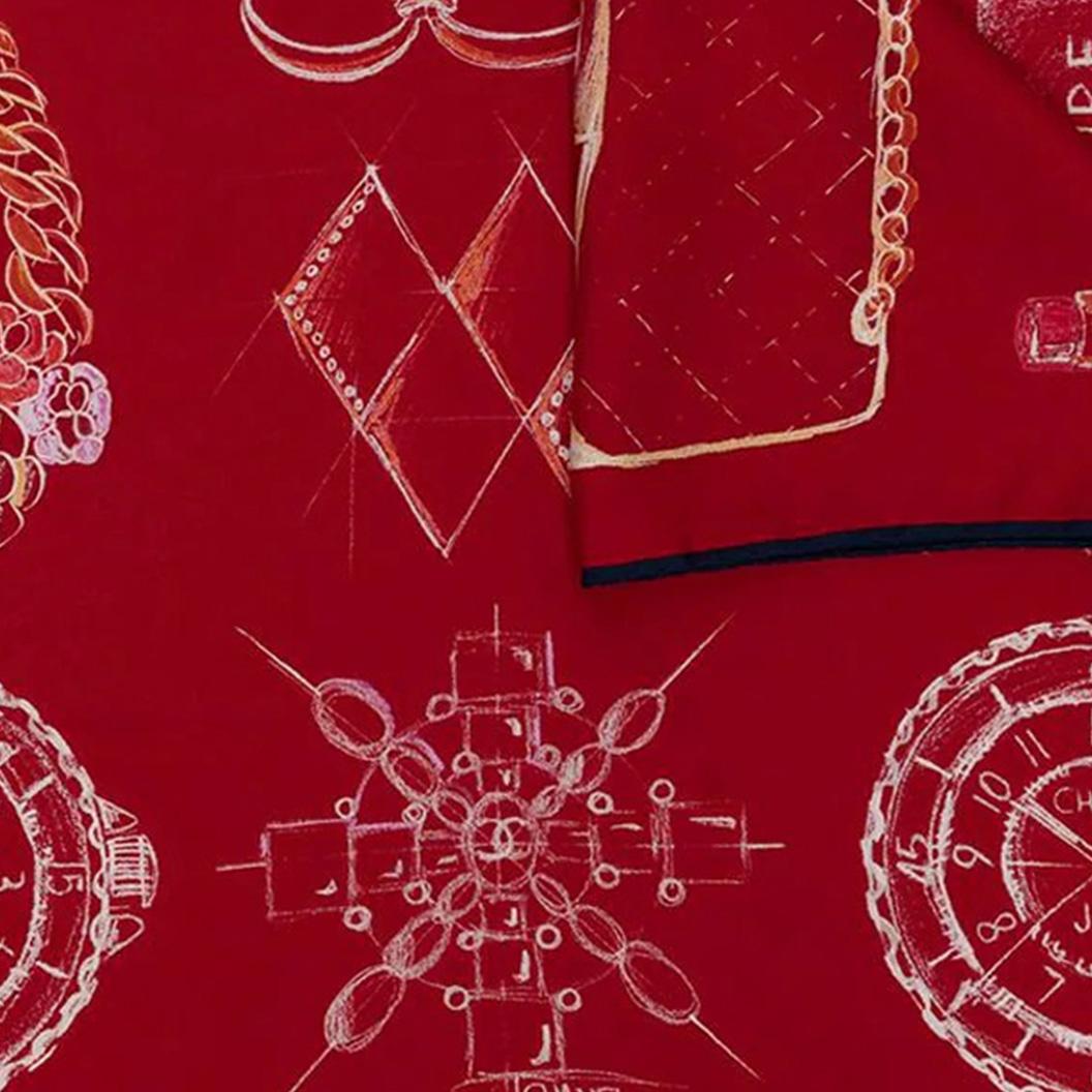 Red Chanel Symbols Motif Silk Scarf For Sale