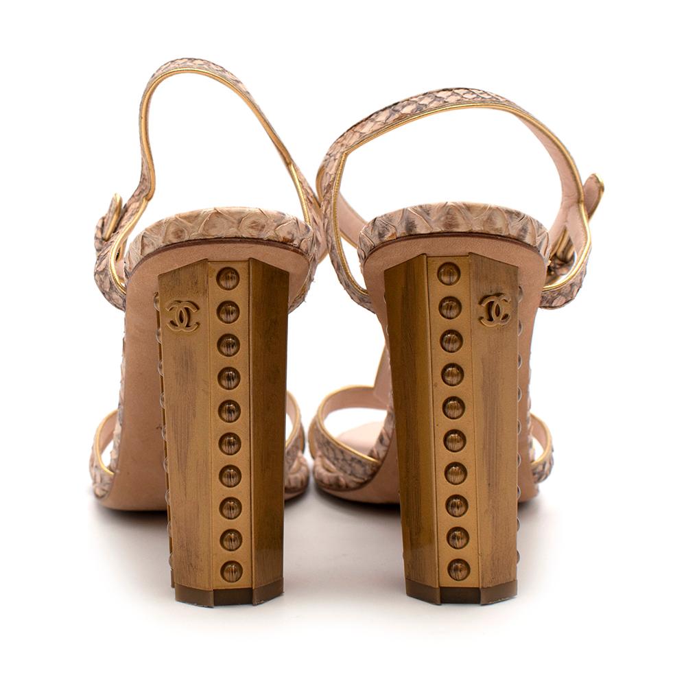 Beige Chanel T-Strap Nude Python Heeled Sandals - EU 36