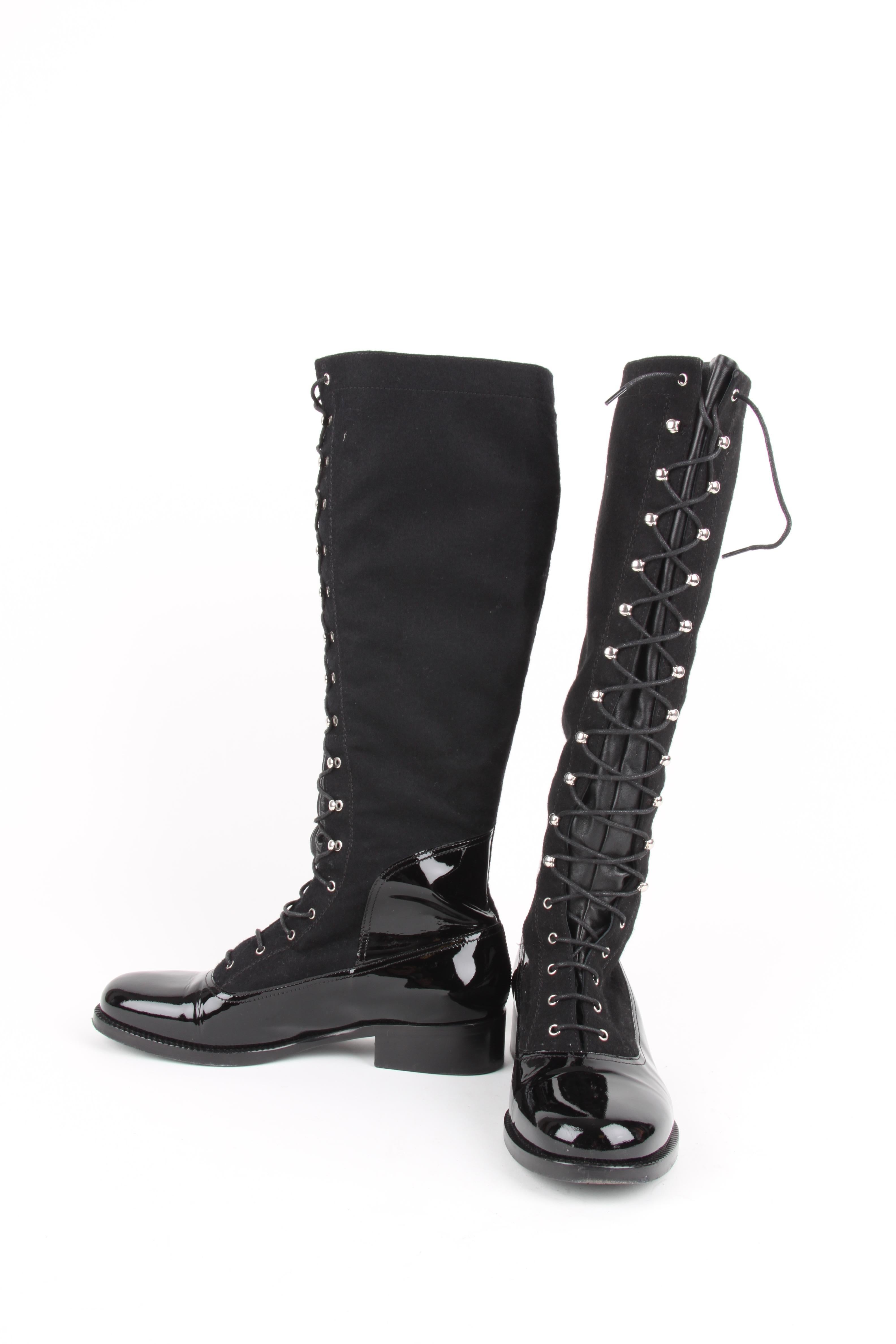 black patent leather knee high boots