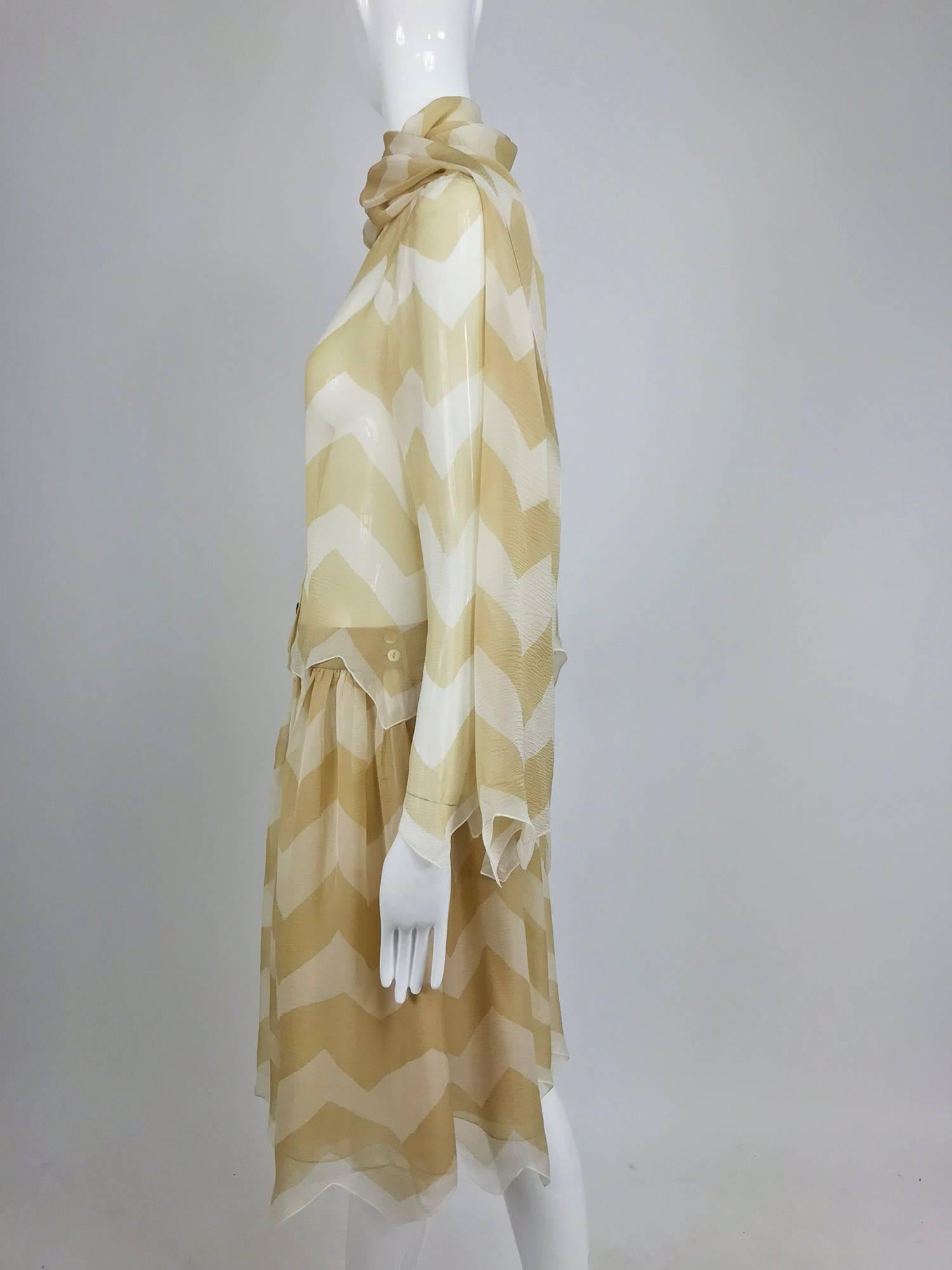 Chanel tan and cream zig zag silk chiffon blouse and skirt 2000A 5