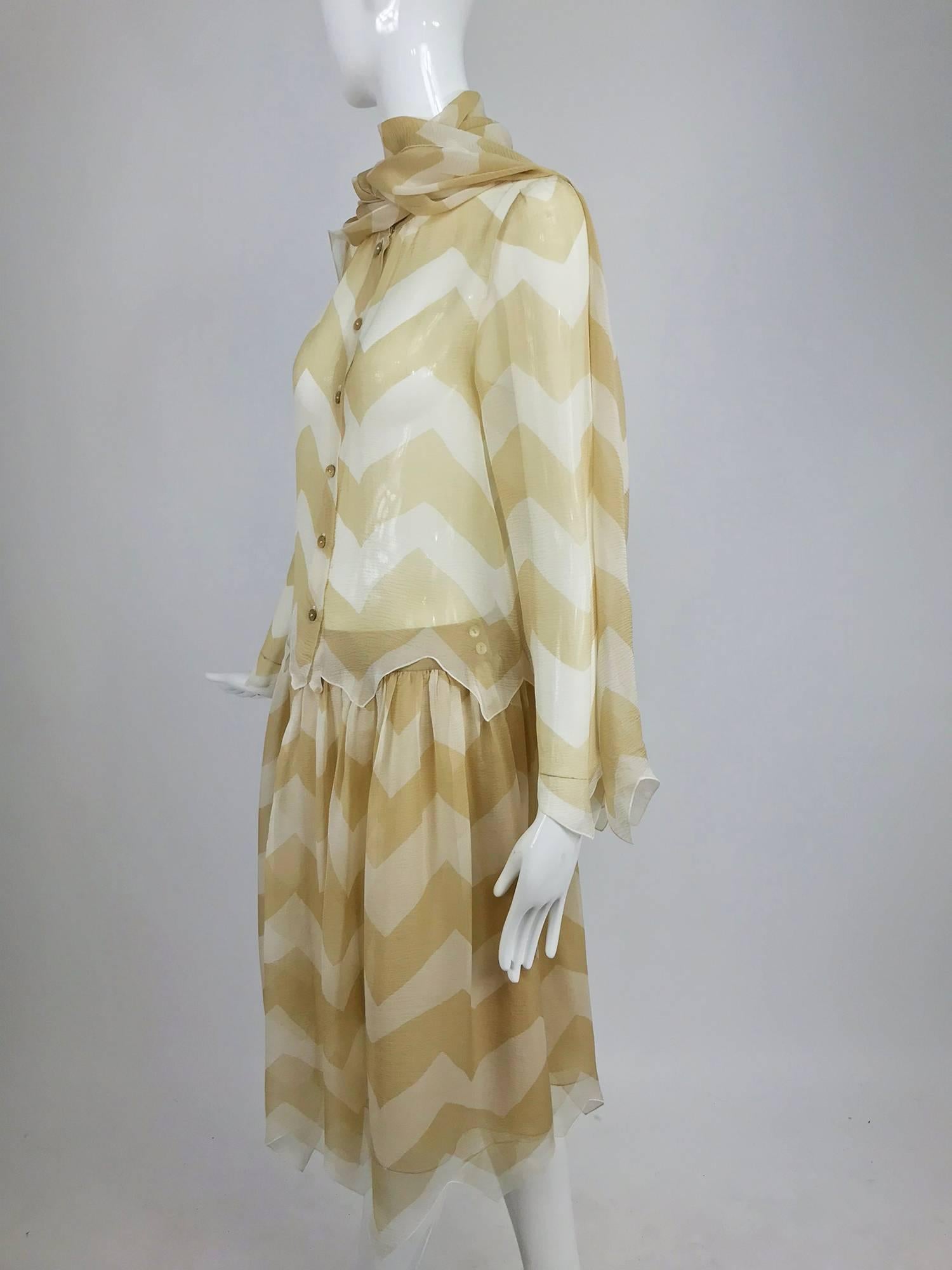 Chanel tan and cream zig zag silk chiffon blouse and skirt 2000A 6
