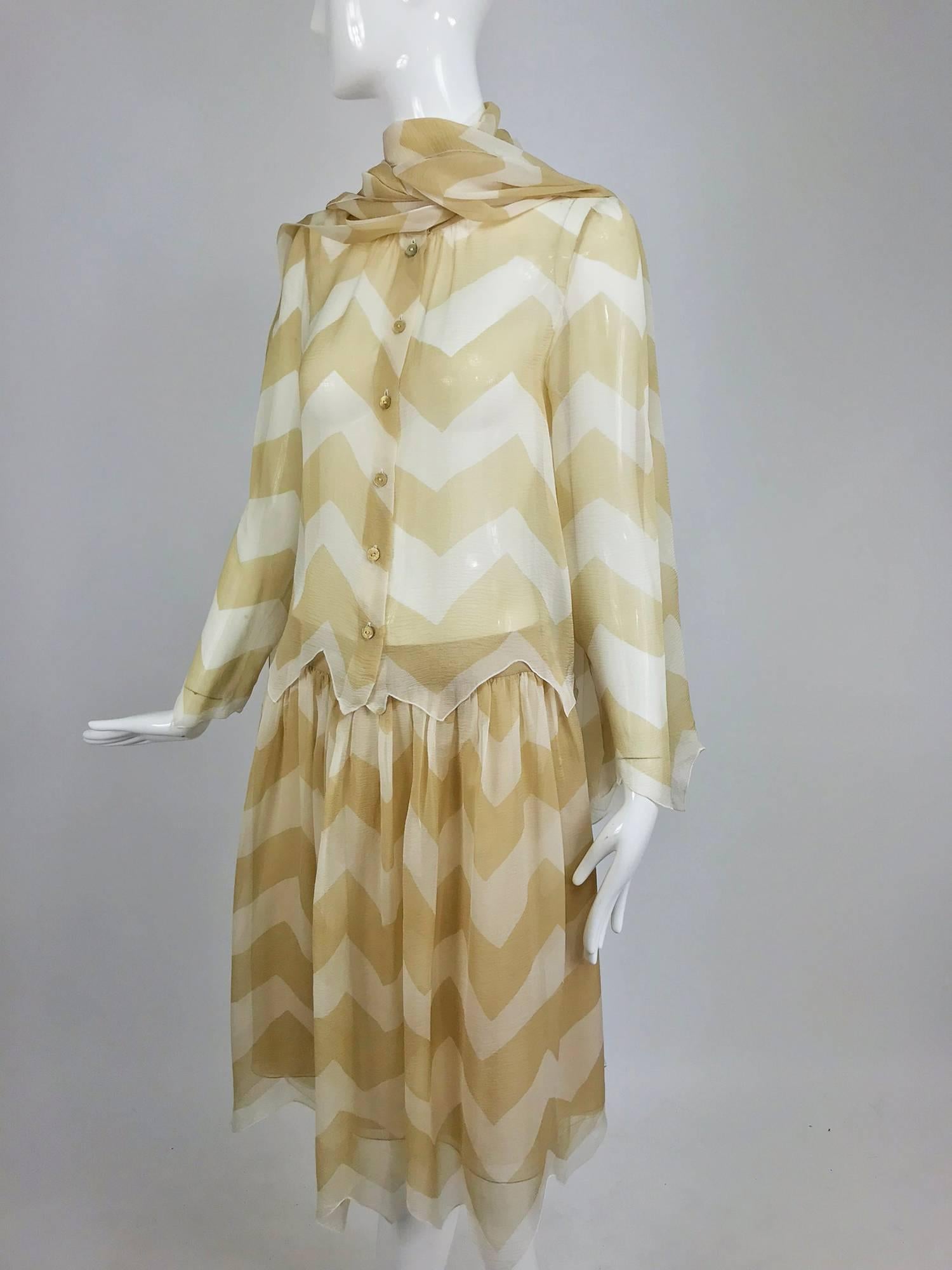 Chanel tan and cream zig zag silk chiffon blouse and skirt 2000A 7