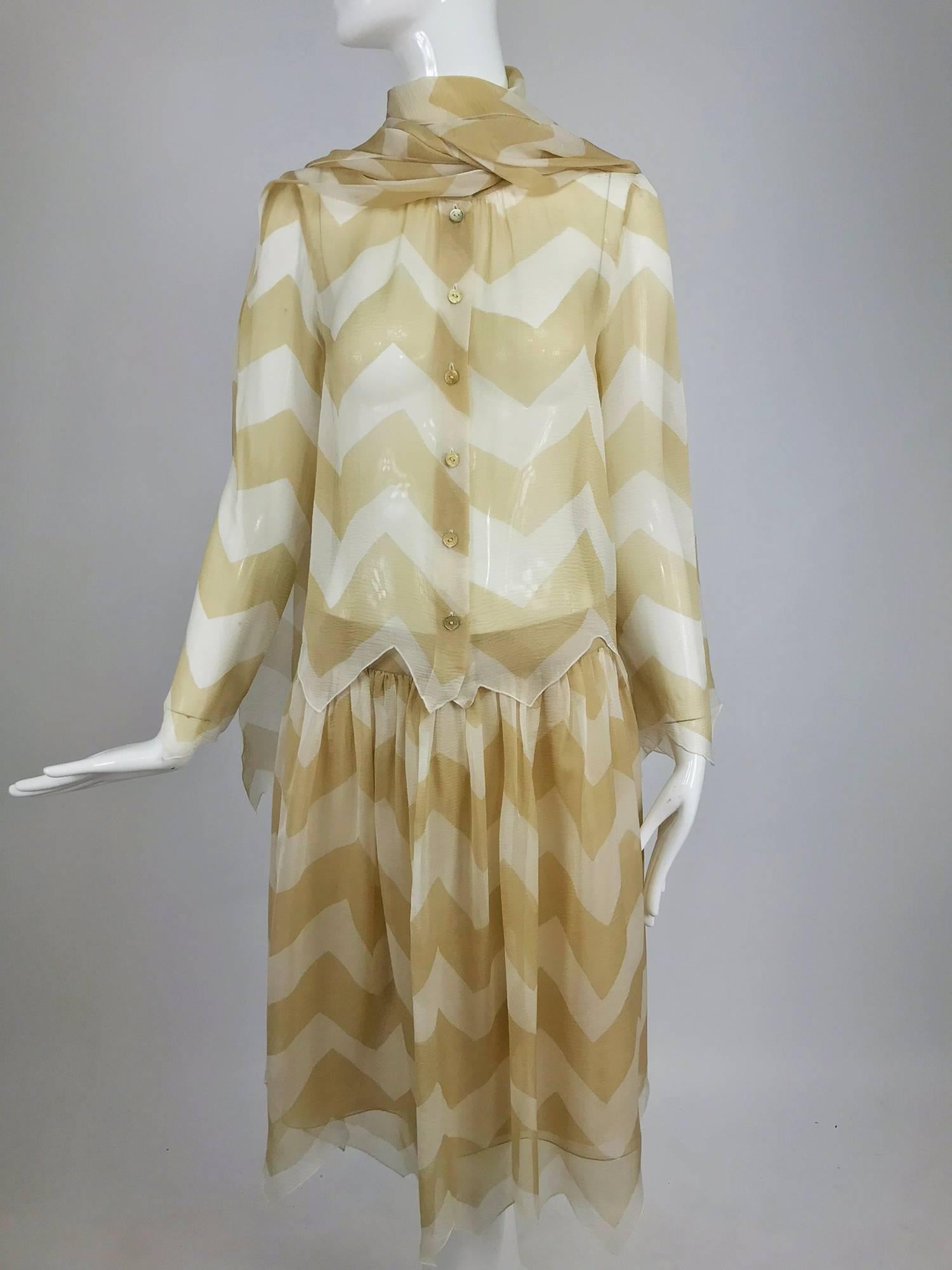 Chanel tan and cream zig zag silk chiffon blouse and skirt 2000A 8