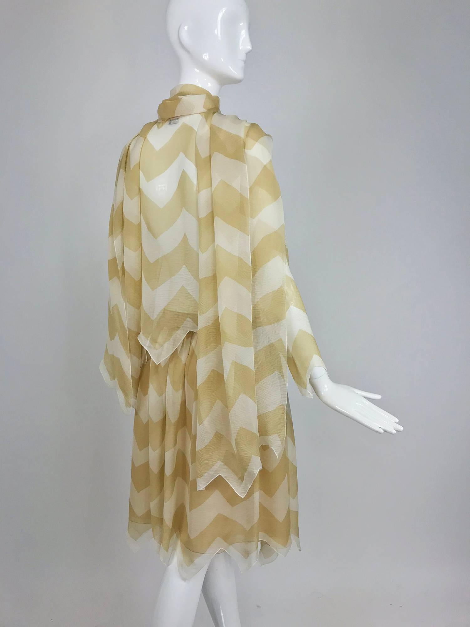 Brown Chanel tan and cream zig zag silk chiffon blouse and skirt 2000A
