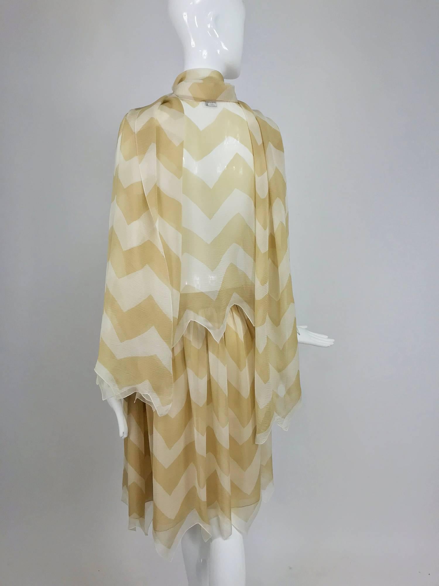 Chanel tan and cream zig zag silk chiffon blouse and skirt 2000A 1