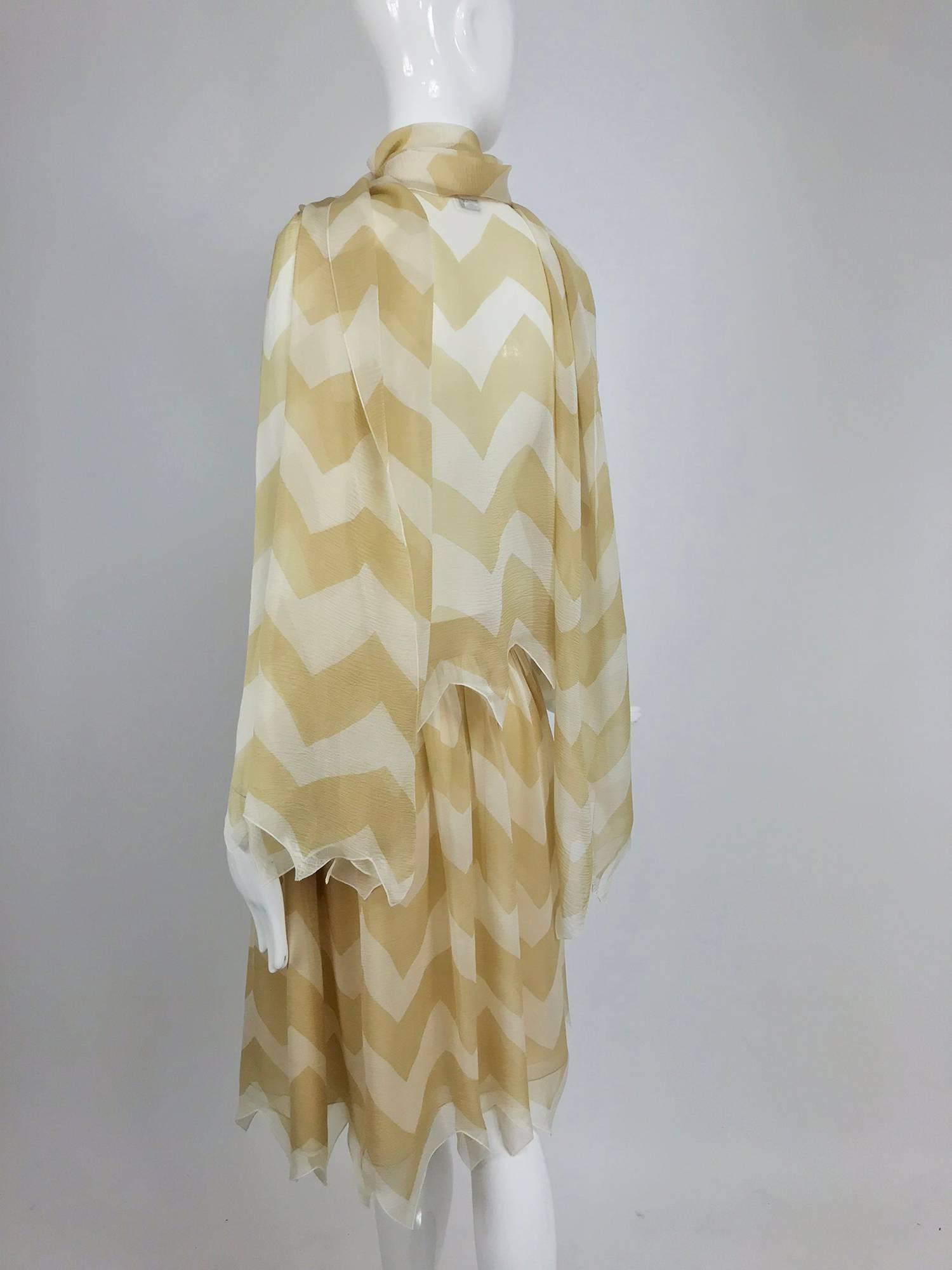 Chanel tan and cream zig zag silk chiffon blouse and skirt 2000A 2