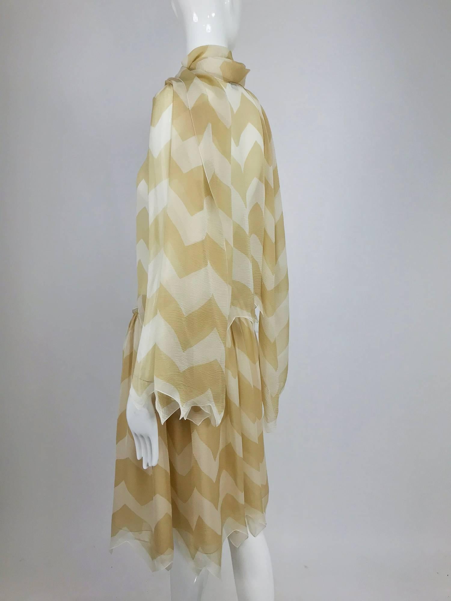 Chanel tan and cream zig zag silk chiffon blouse and skirt 2000A 3