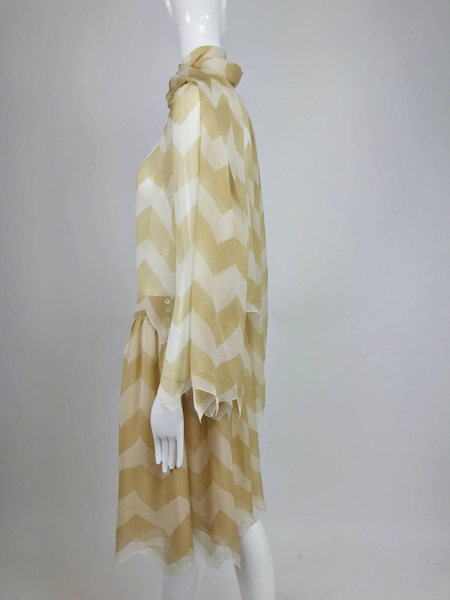 Chanel tan and cream zig zag silk chiffon blouse and skirt 2000A 4