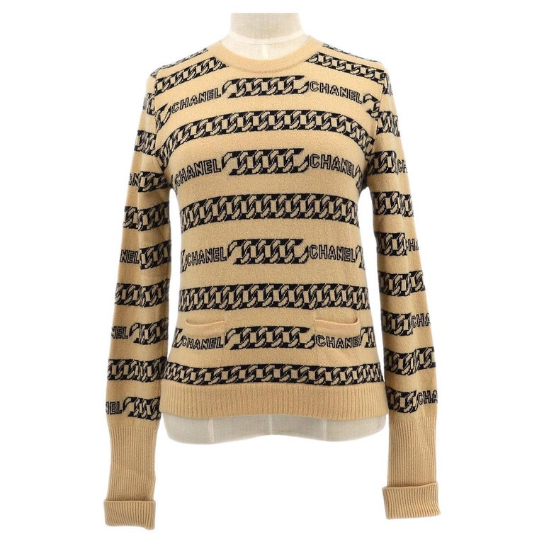 CHANEL Tan Beige Black Chain Logo Women's Cashmere Knit Sweater - Size FR  42 For Sale at 1stDibs | chain knit sweater, chicago gang sweaters, fr 42  size