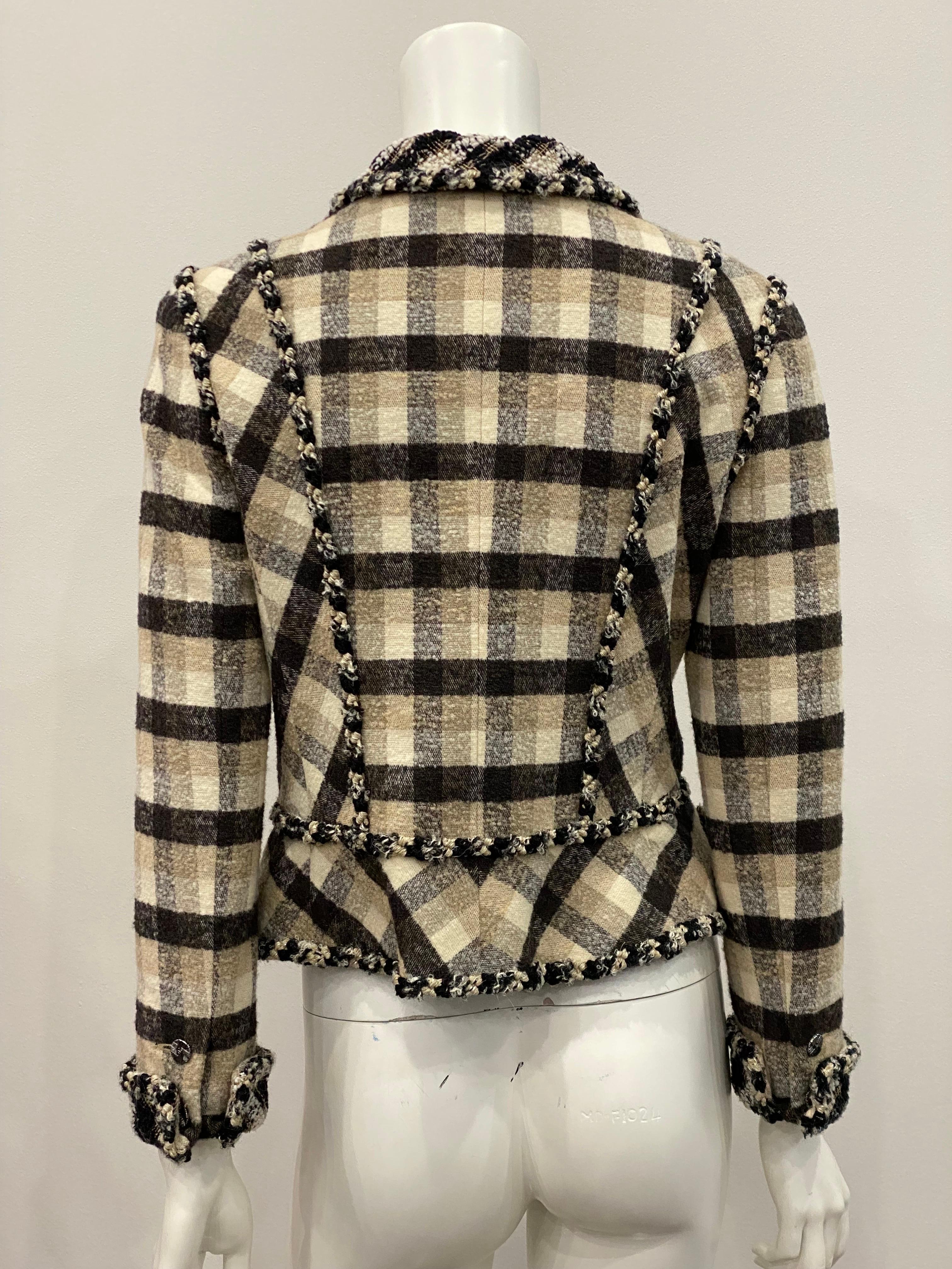 Chanel Tan Black and Ivory Plaid Wool Blend Jacket - Sz 40 - 2006A 1