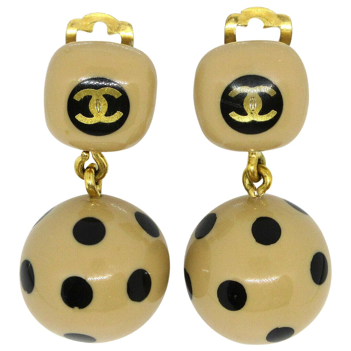 Chanel Tan Black Round Ball Dangle Drop Two Tier Chandelier Earrings in Box  at 1stDibs