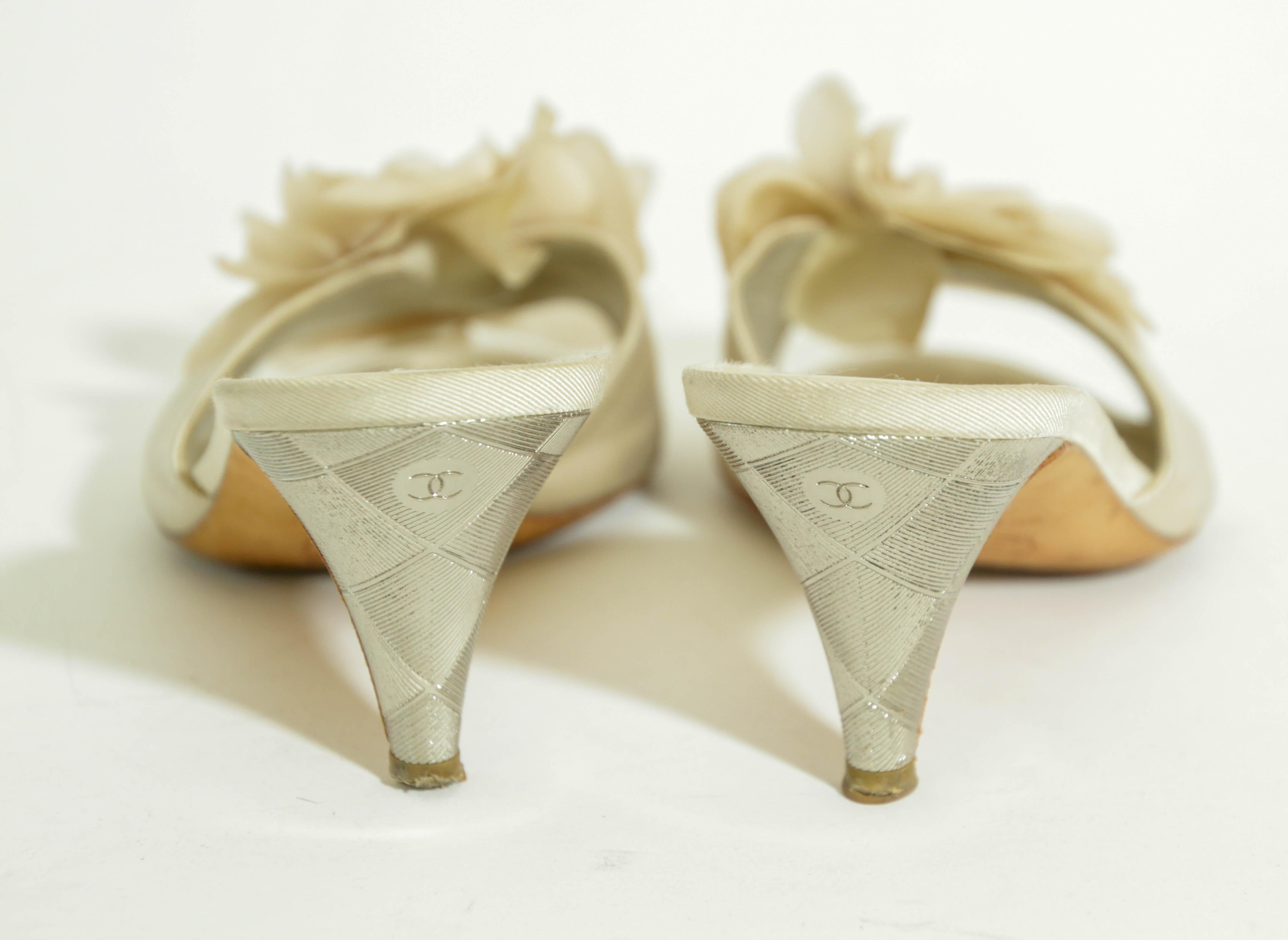 Chanel Tan Camellia Embellished Peep Toe Mules EU38.5 5
