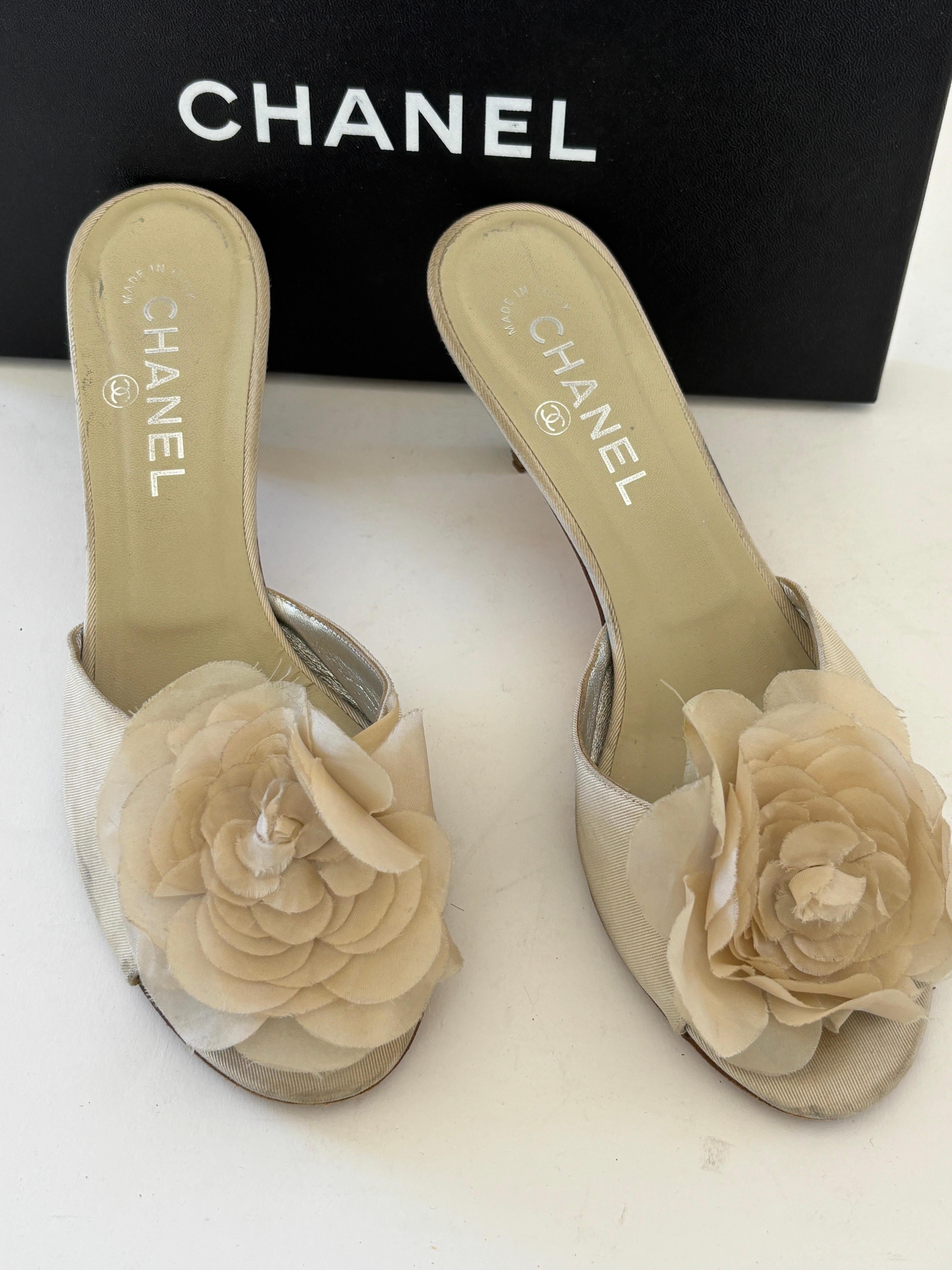 Chanel Tan Camellia Embellished Peep Toe Mules EU38.5 6
