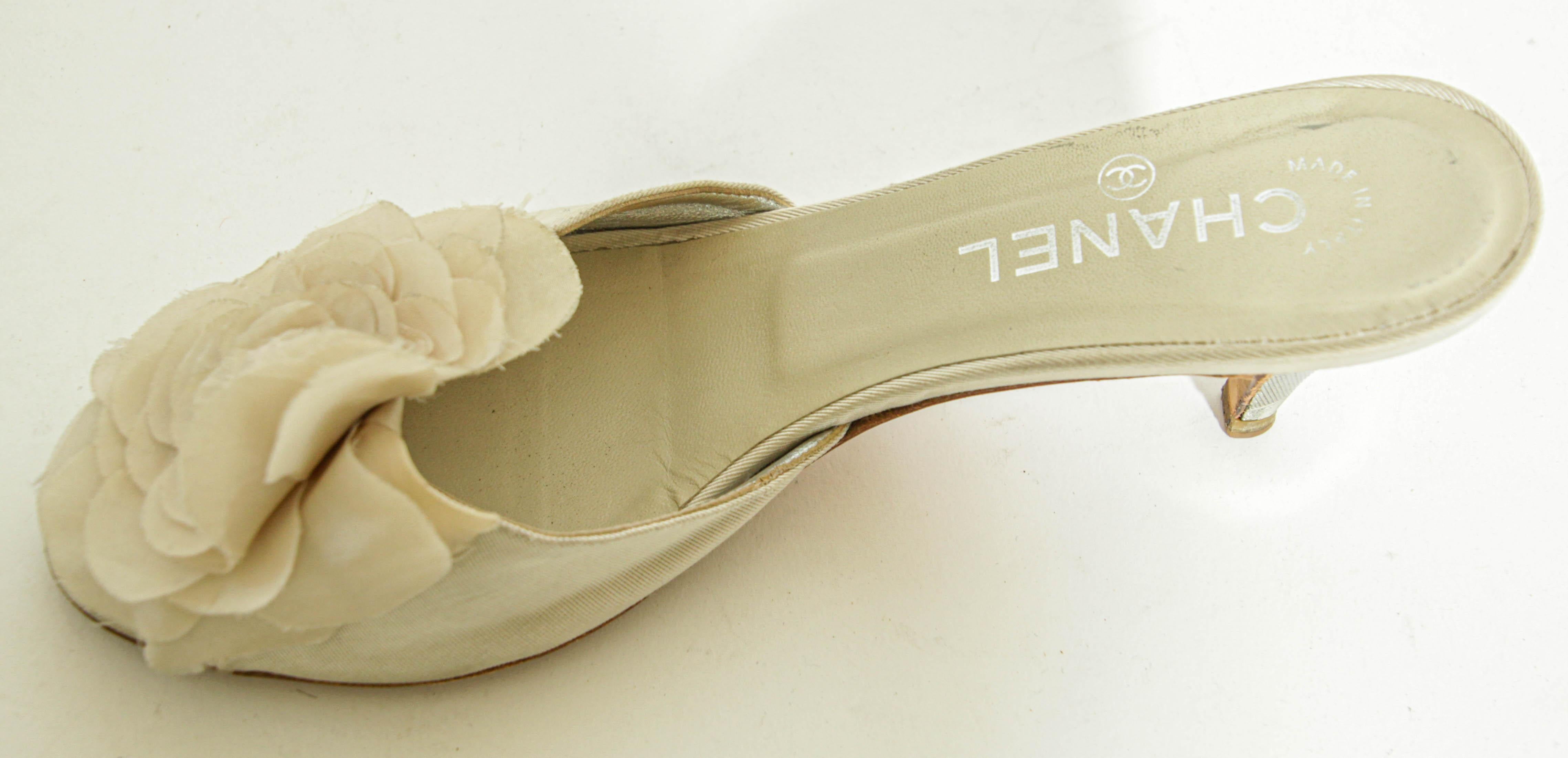 Chanel Tan Camellia Embellished Peep Toe Mules EU38.5 11