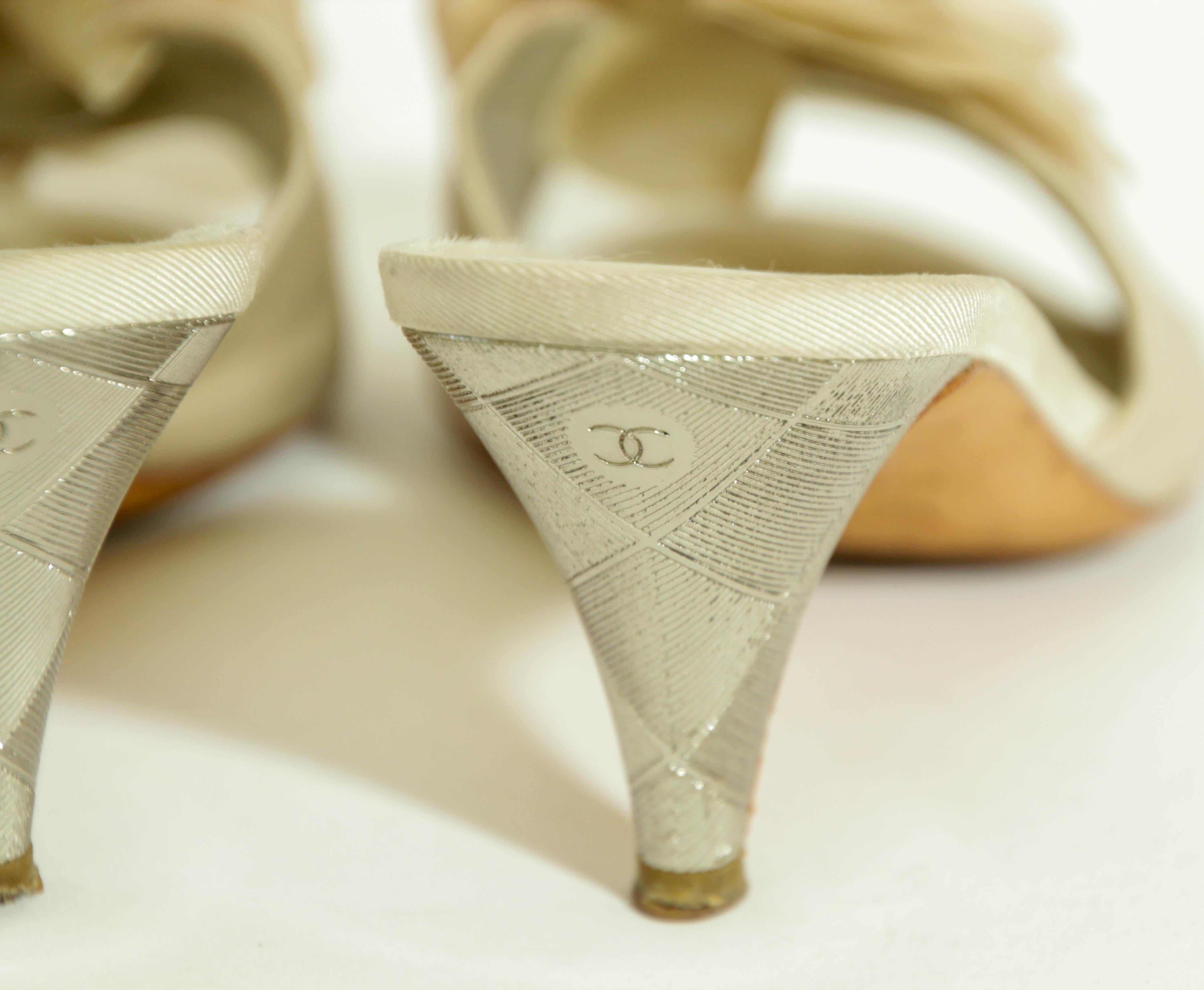 Chanel Tan Camellia Embellished Peep Toe Mules EU38.5 12