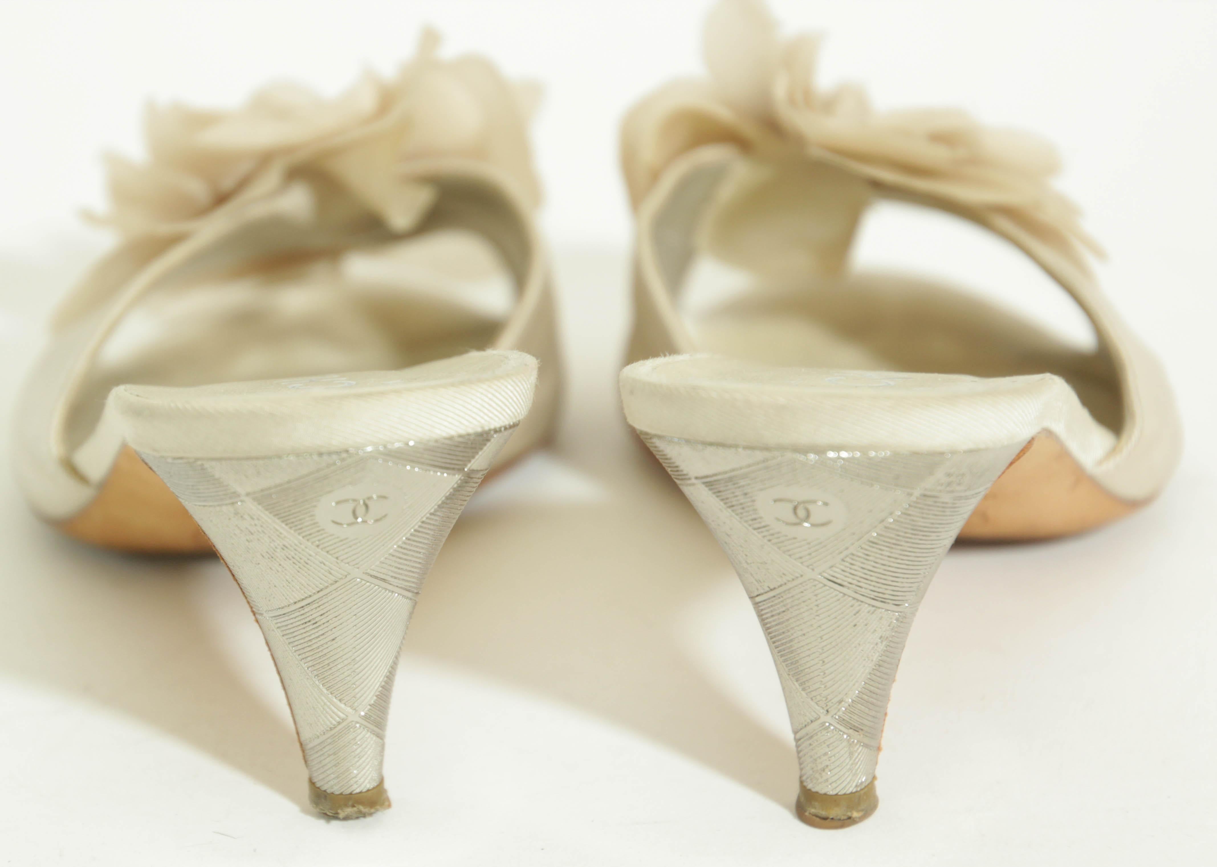 Chanel Tan Camellia Embellished Peep Toe Mules EU38.5 13