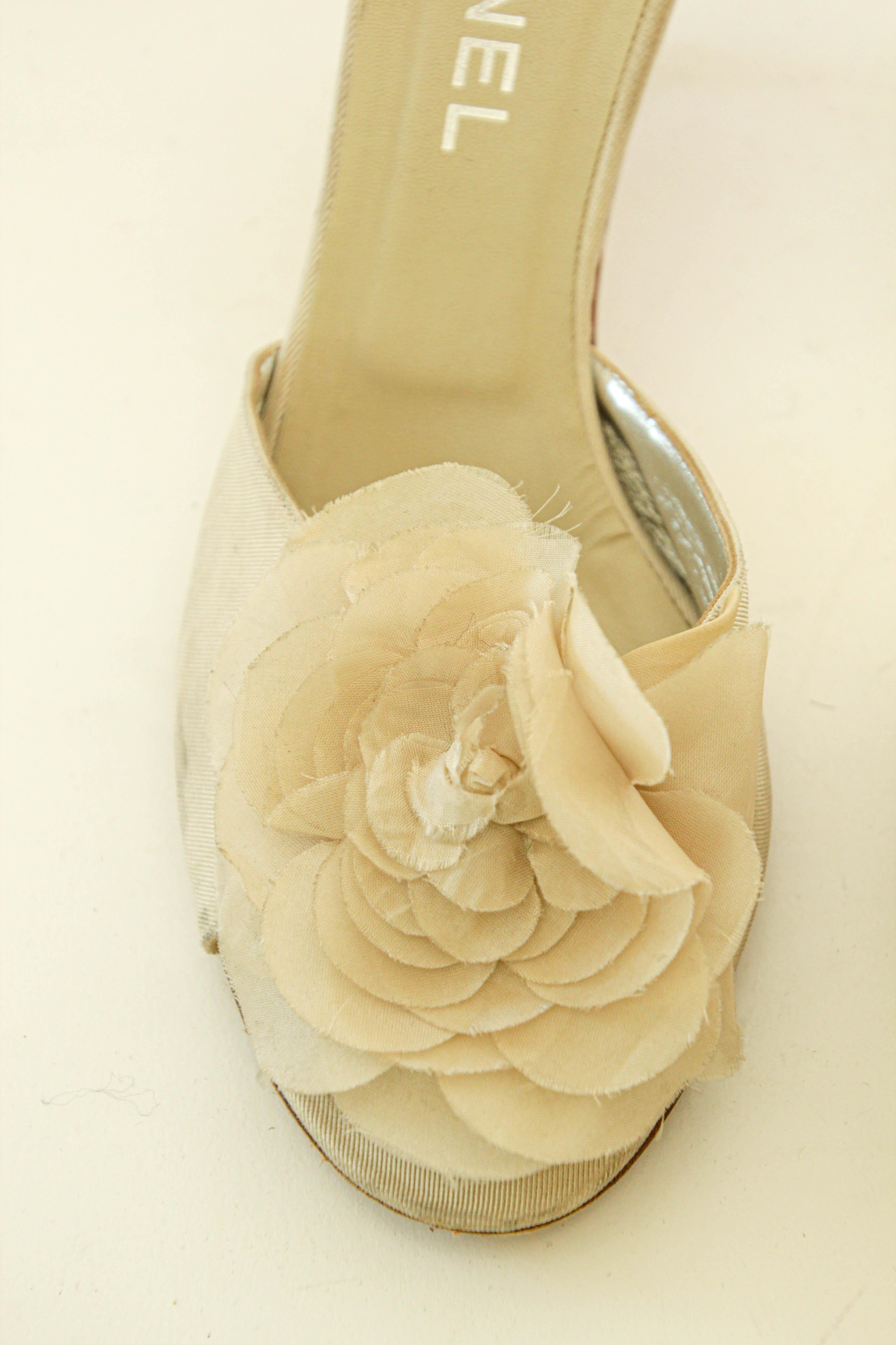 Women's Chanel Tan Camellia Embellished Peep Toe Mules EU38.5
