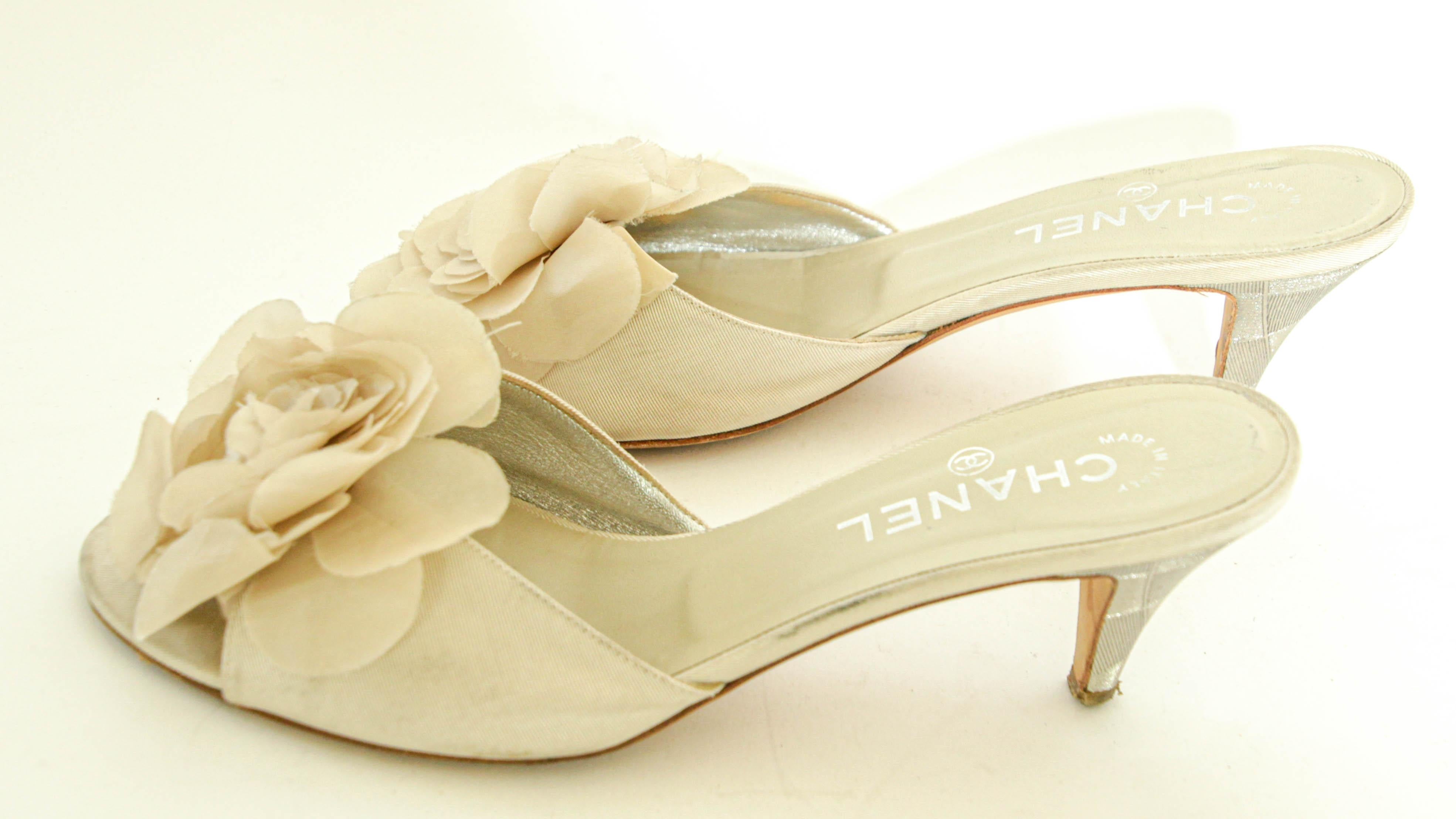 Chanel Tan Camellia Embellished Peep Toe Mules EU38.5 1