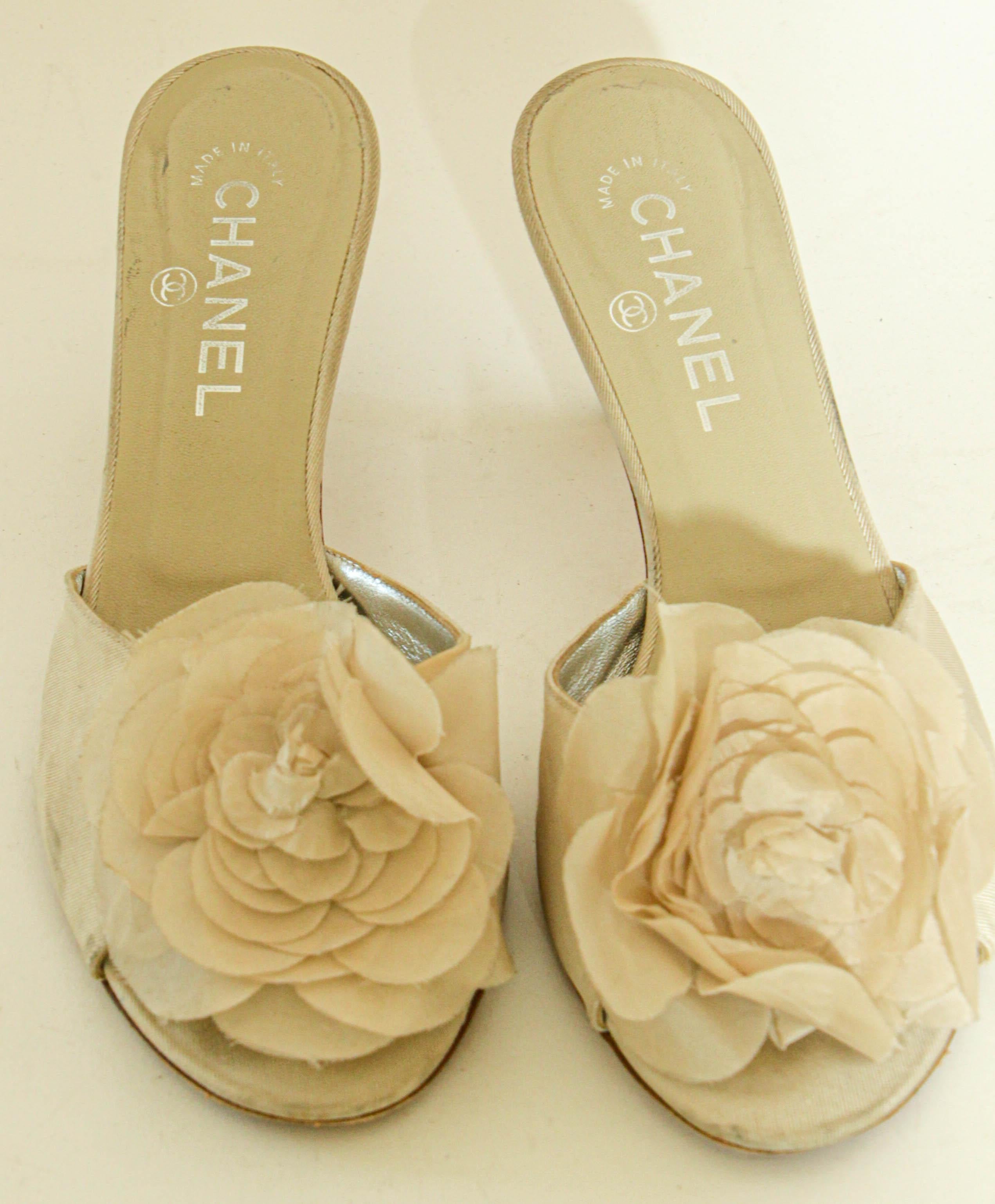 Chanel Tan Camellia Embellished Peep Toe Mules EU38.5 2