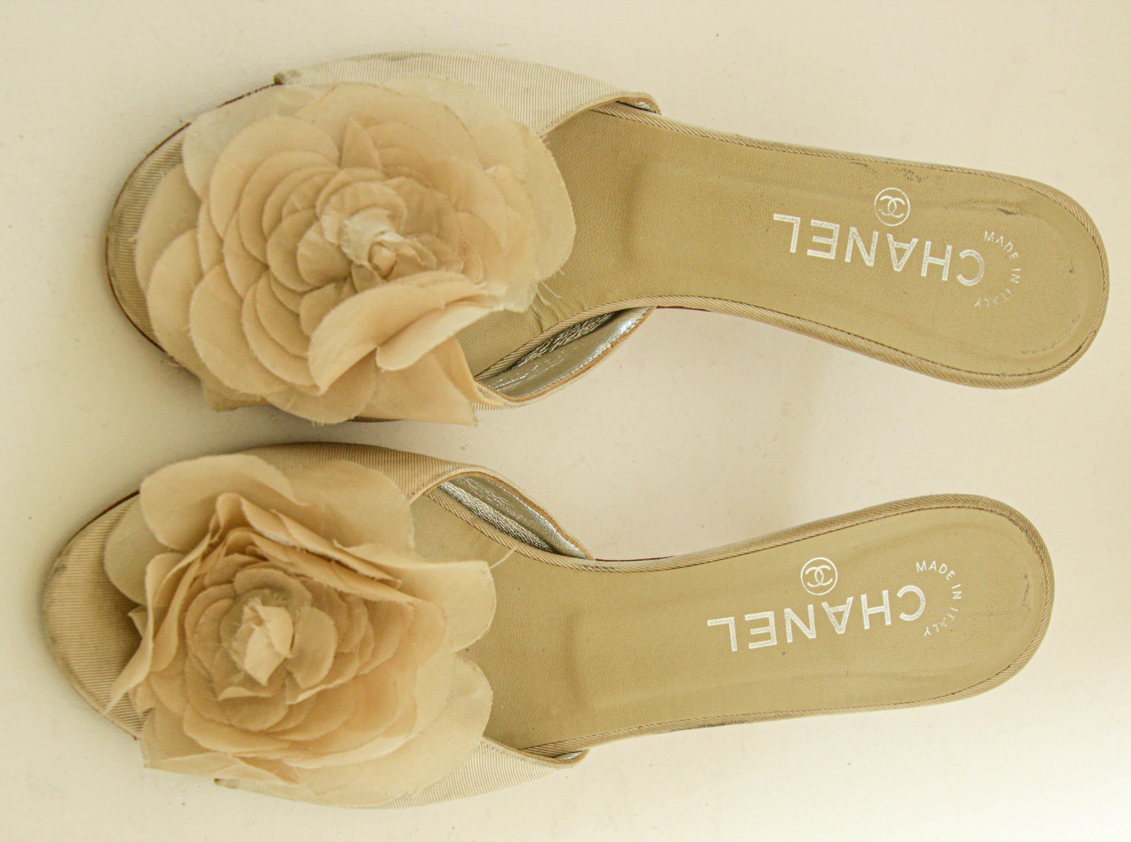 Chanel Tan Camellia Embellished Peep Toe Mules EU38.5 3