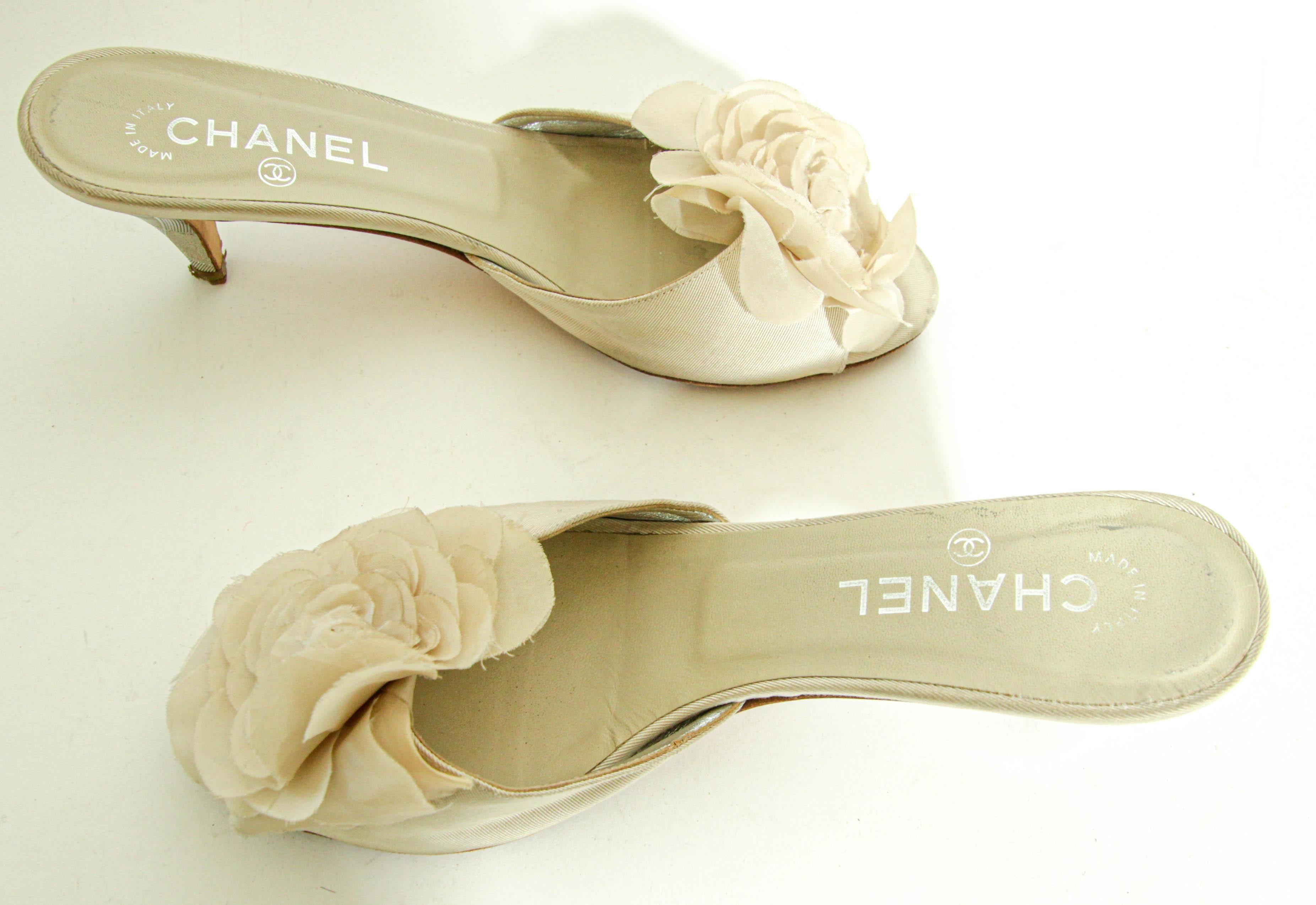 Chanel Tan Camellia Embellished Peep Toe Mules EU38.5 4